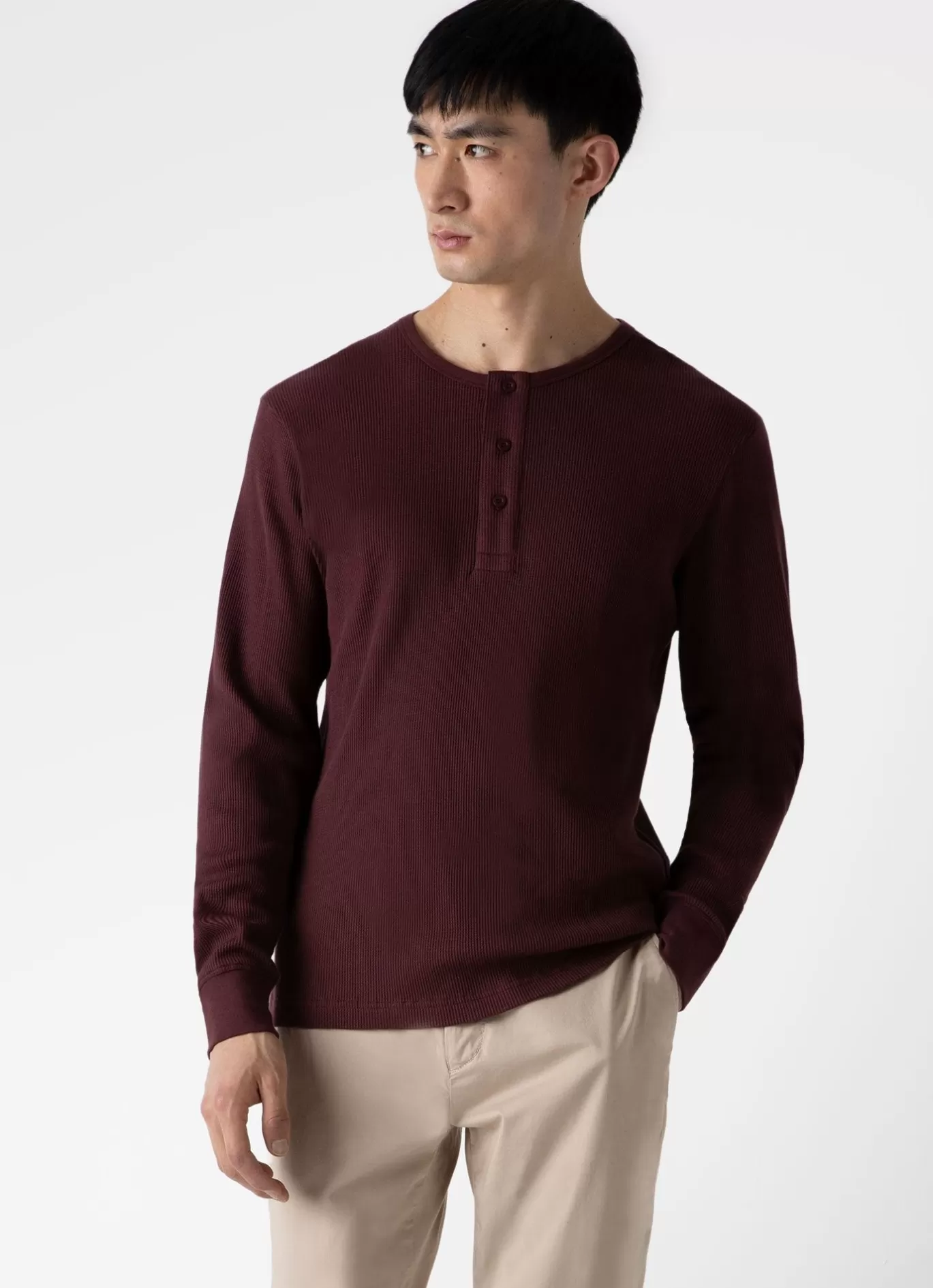 Cheap Long Sleeve Waffle Henley Men T-Shirts